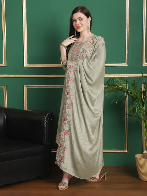 Jyoti Fashion Women's Olive Chinon Chiffon Floral Embroidery with Cording & Crystal Work Designer Straight Suit Set | Grocsy