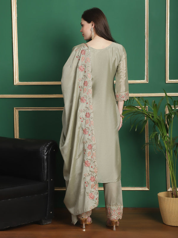 Jyoti Fashion Women's Olive Chinon Chiffon Floral Embroidery with Cording & Crystal Work Designer Straight Suit Set | Grocsy