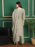 Jyoti Fashion Women's Olive Chinon Chiffon Floral Embroidery with Cording & Crystal Work Designer Straight Suit Set | Grocsy