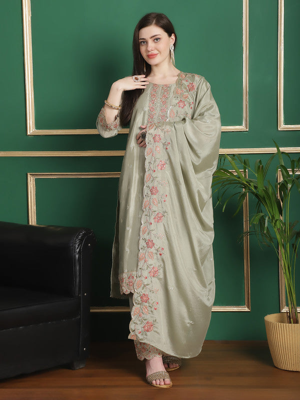 Jyoti Fashion Women's Olive Chinon Chiffon Floral Embroidery with Cording & Crystal Work Designer Straight Suit Set | Grocsy