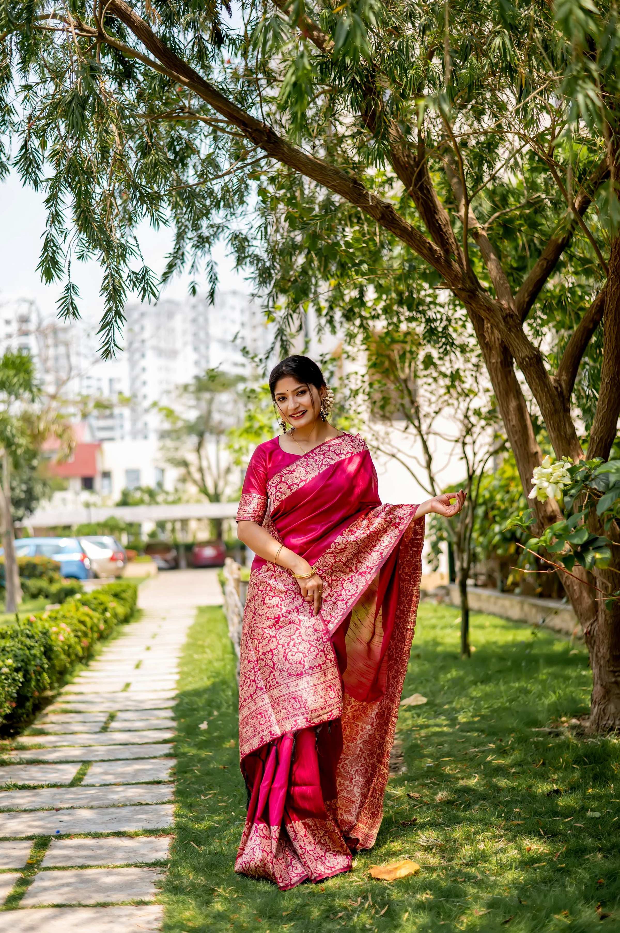 Jyoti Fashion Women's Pink Handloom Raw Silk Weaving Designer Saree with Blouse | Grocsy