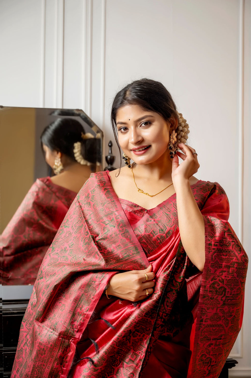 Jyoti Fashion Women's Gajri Red Handloom Raw Silk Weaving Designer Saree with Blouse | Grocsy