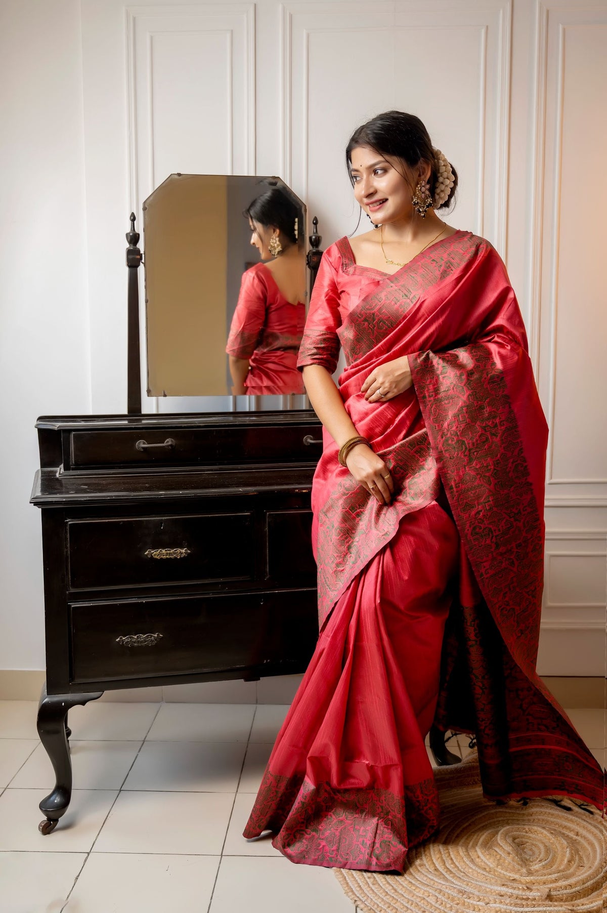Jyoti Fashion Women's Gajri Red Handloom Raw Silk Weaving Designer Saree with Blouse | Grocsy