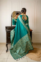 Jyoti Fashion Women's Rama Handloom Raw Silk Weaving Designer Saree with Blouse | Grocsy