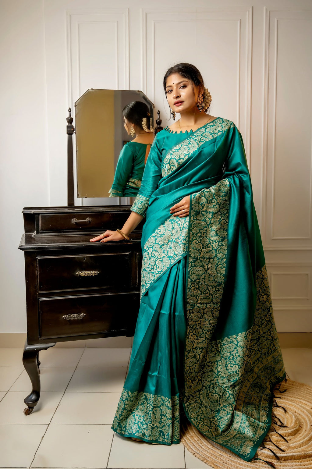 Jyoti Fashion Women's Rama Handloom Raw Silk Weaving Designer Saree with Blouse | Grocsy