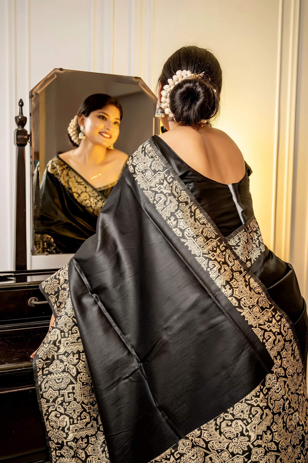 Jyoti Fashion Women's Black Handloom Raw Silk Weaving Designer Saree with Blouse | Grocsy