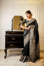 Jyoti Fashion Women's Black Handloom Raw Silk Weaving Designer Saree with Blouse | Grocsy