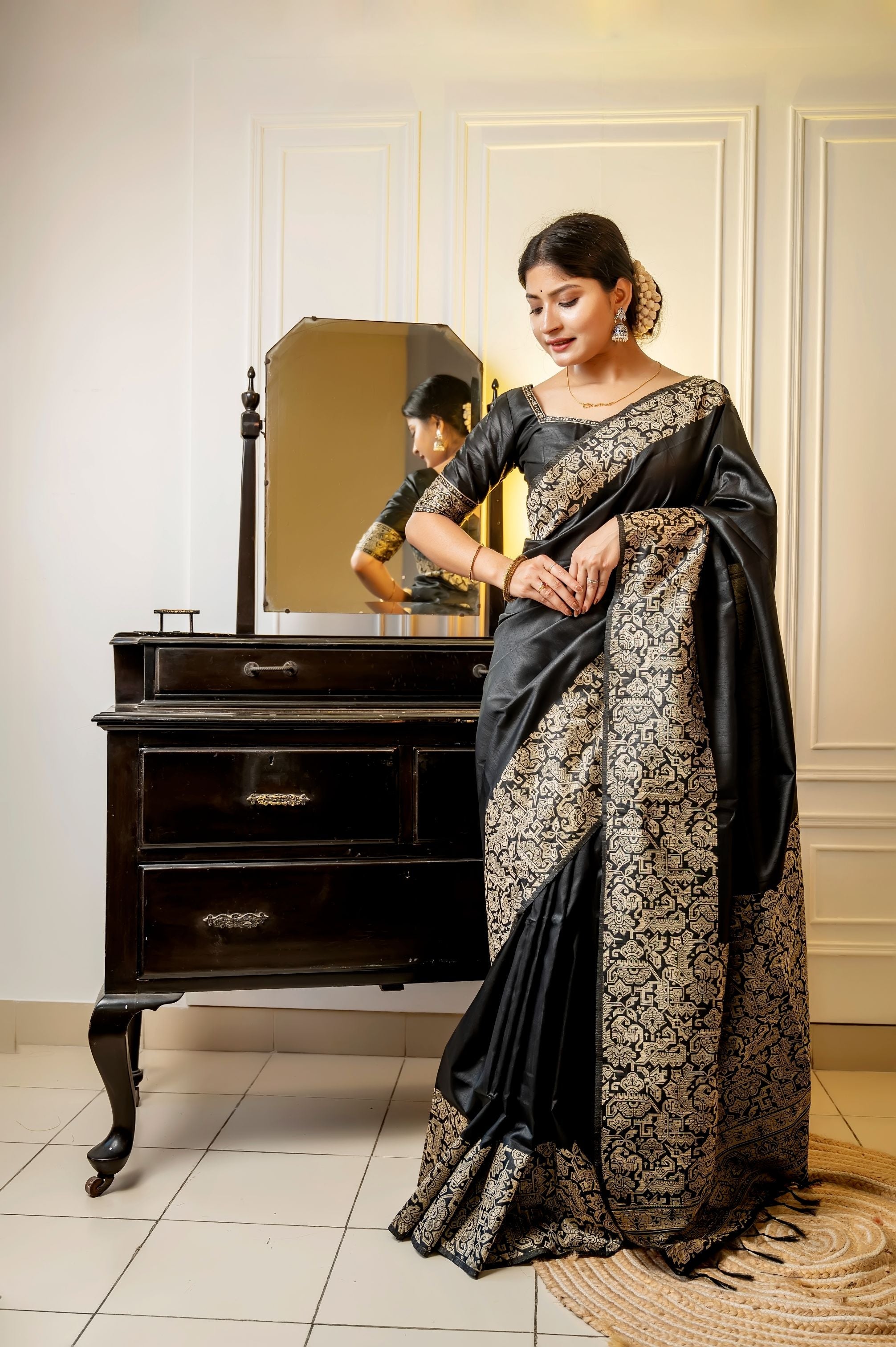 Jyoti Fashion Women's Black Handloom Raw Silk Weaving Designer Saree with Blouse | Grocsy