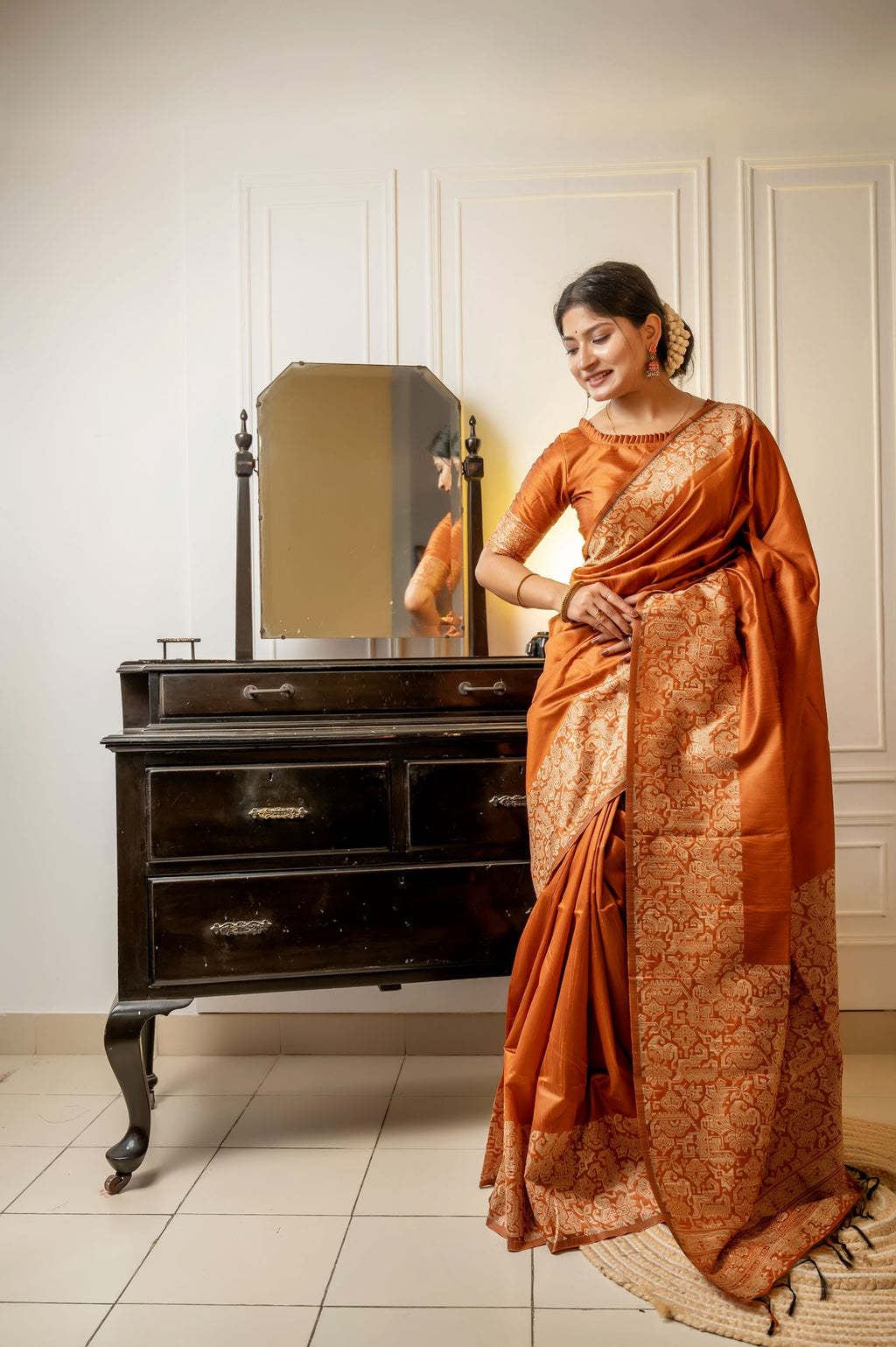 Jyoti Fashion Women's Orange Handloom Raw Silk Weaving Designer Saree with Blouse | Grocsy