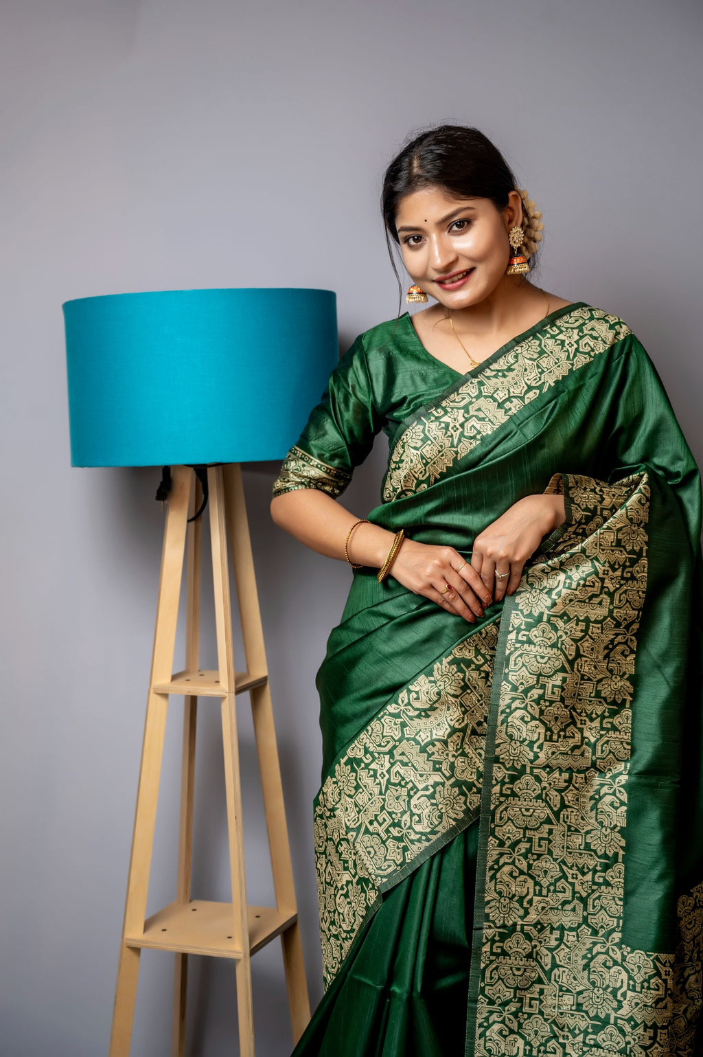 Jyoti Fashion Women's Bottle Green Handloom Raw Silk Weaving Designer Saree with Blouse | Grocsy