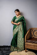 Jyoti Fashion Women's Bottle Green Handloom Raw Silk Weaving Designer Saree with Blouse | Grocsy