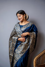 Jyoti Fashion Women's Navy Blue Handloom Raw Silk Weaving Designer Saree with Blouse | Grocsy