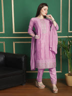 Jyoti Fashion Women's Pink Chinon Chiffon Floral Embroidery with Cording & Crystal Work Designer Straight Suit Set | Grocsy