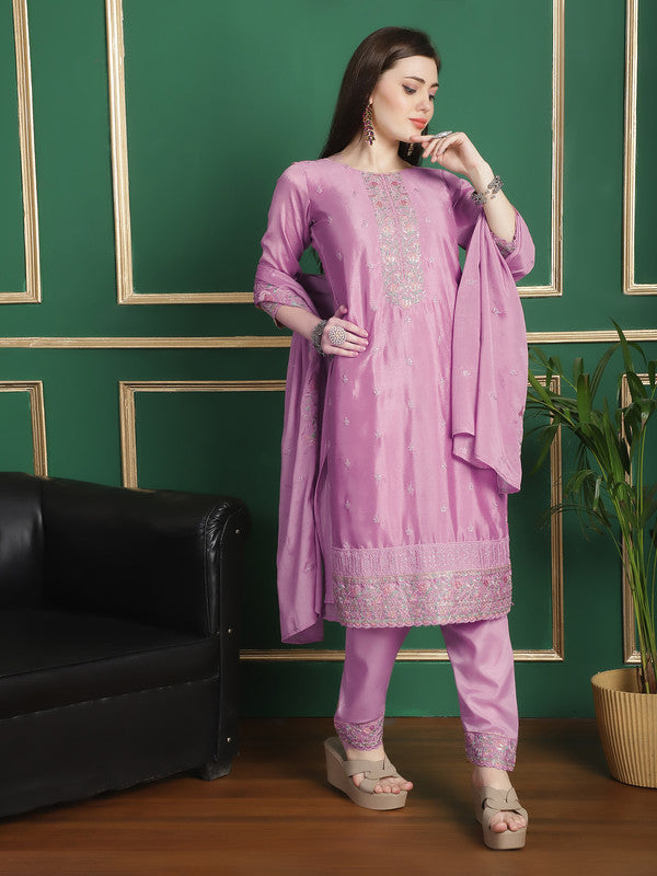 Jyoti Fashion Women's Pink Chinon Chiffon Floral Embroidery with Cording & Crystal Work Designer Straight Suit Set | Grocsy