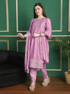 Jyoti Fashion Women's Pink Chinon Chiffon Floral Embroidery with Cording & Crystal Work Designer Straight Suit Set | Grocsy
