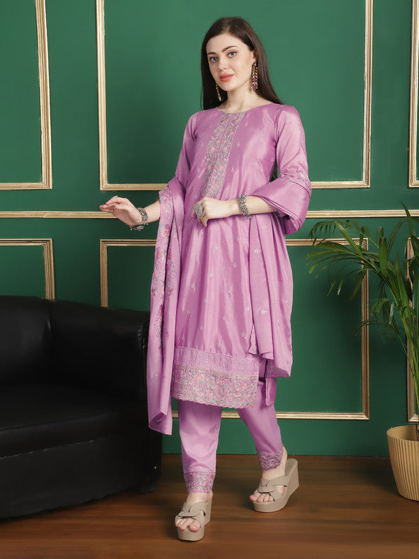 Jyoti Fashion Women's Pink Chinon Chiffon Floral Embroidery with Cording & Crystal Work Designer Straight Suit Set | Grocsy