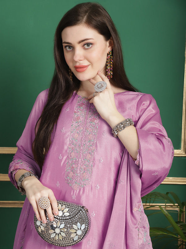 Jyoti Fashion Women's Pink Chinon Chiffon Floral Embroidery with Cording & Crystal Work Designer Straight Suit Set | Grocsy
