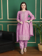 Jyoti Fashion Women's Pink Chinon Chiffon Floral Embroidery with Cording & Crystal Work Designer Straight Suit Set | Grocsy