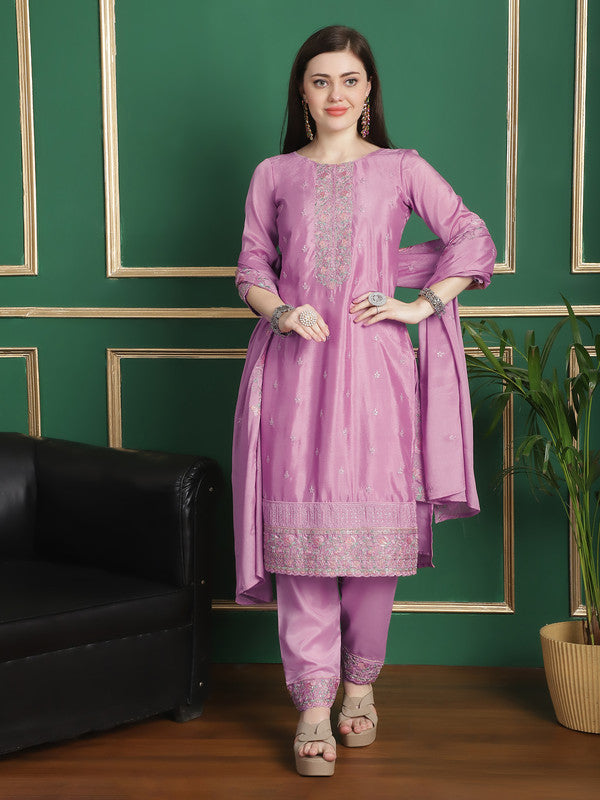 Jyoti Fashion Women's Pink Chinon Chiffon Floral Embroidery with Cording & Crystal Work Designer Straight Suit Set | Grocsy