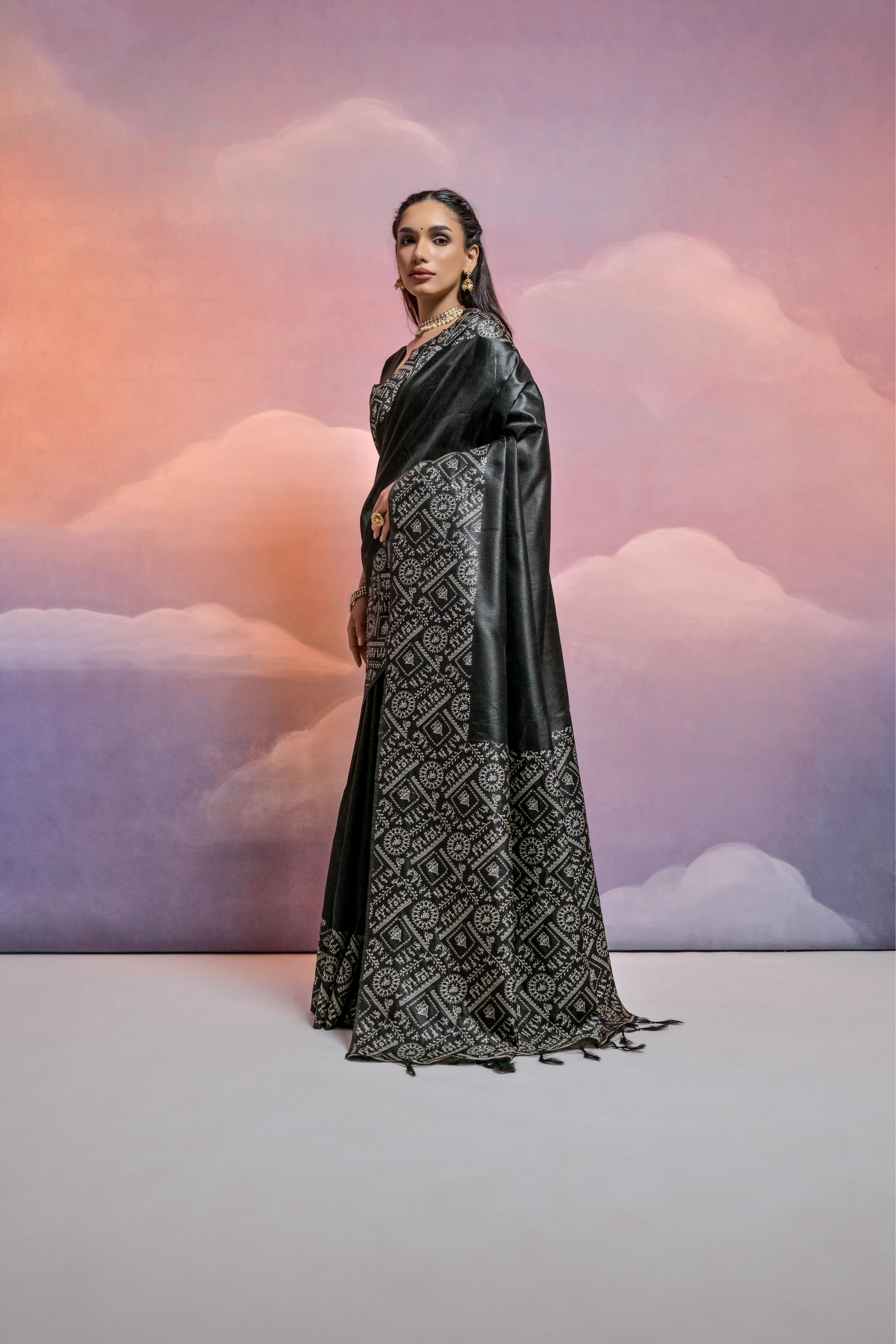 Jyoti Fashion Women's Black Handloom Raw Silk Weaving Designer Saree with Blouse | Grocsy