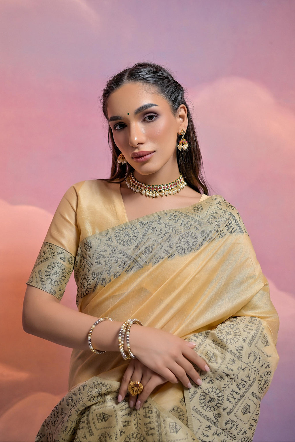 Jyoti Fashion Women's Cream Handloom Raw Silk Weaving Designer Saree with Blouse | Grocsy