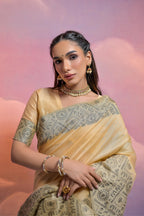 Jyoti Fashion Women's Cream Handloom Raw Silk Weaving Designer Saree with Blouse | Grocsy