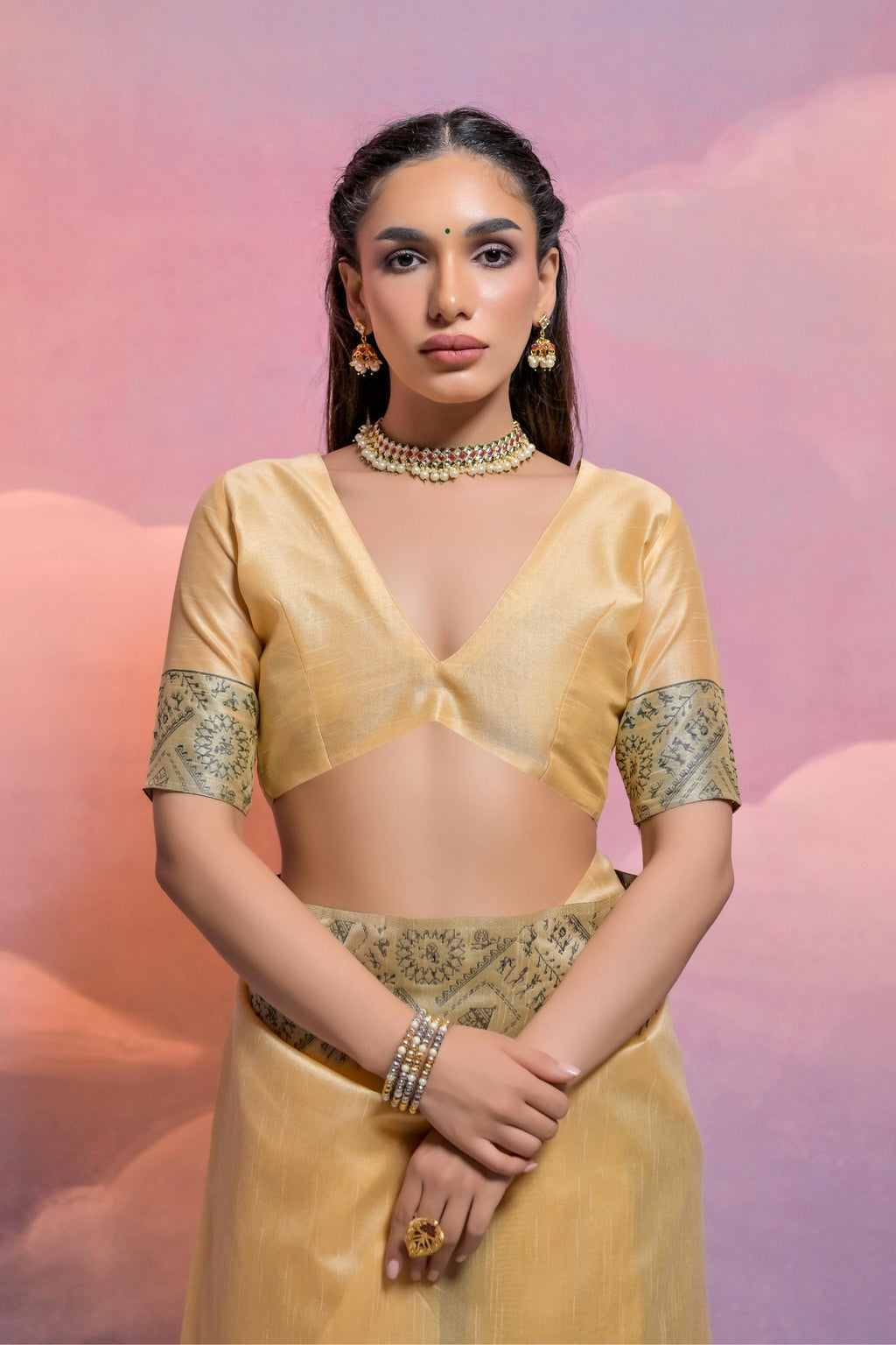 Jyoti Fashion Women's Cream Handloom Raw Silk Weaving Designer Saree with Blouse | Grocsy