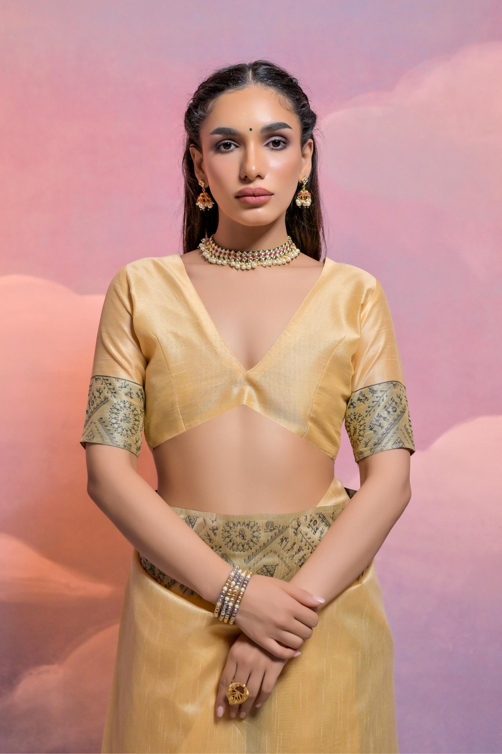 Jyoti Fashion Women's Cream Handloom Raw Silk Weaving Designer Saree with Blouse | Grocsy