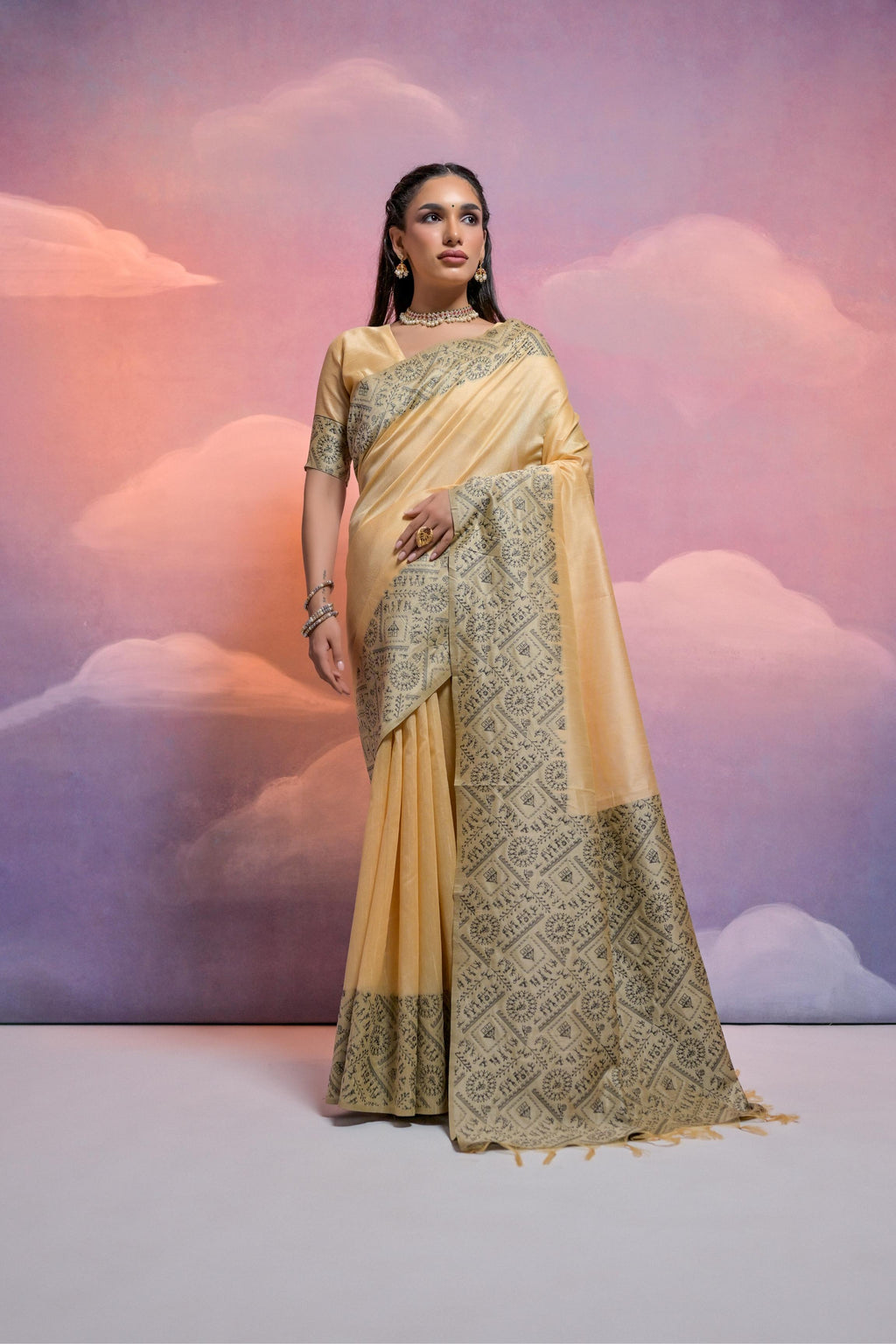 Jyoti Fashion Women's Cream Handloom Raw Silk Weaving Designer Saree with Blouse | Grocsy