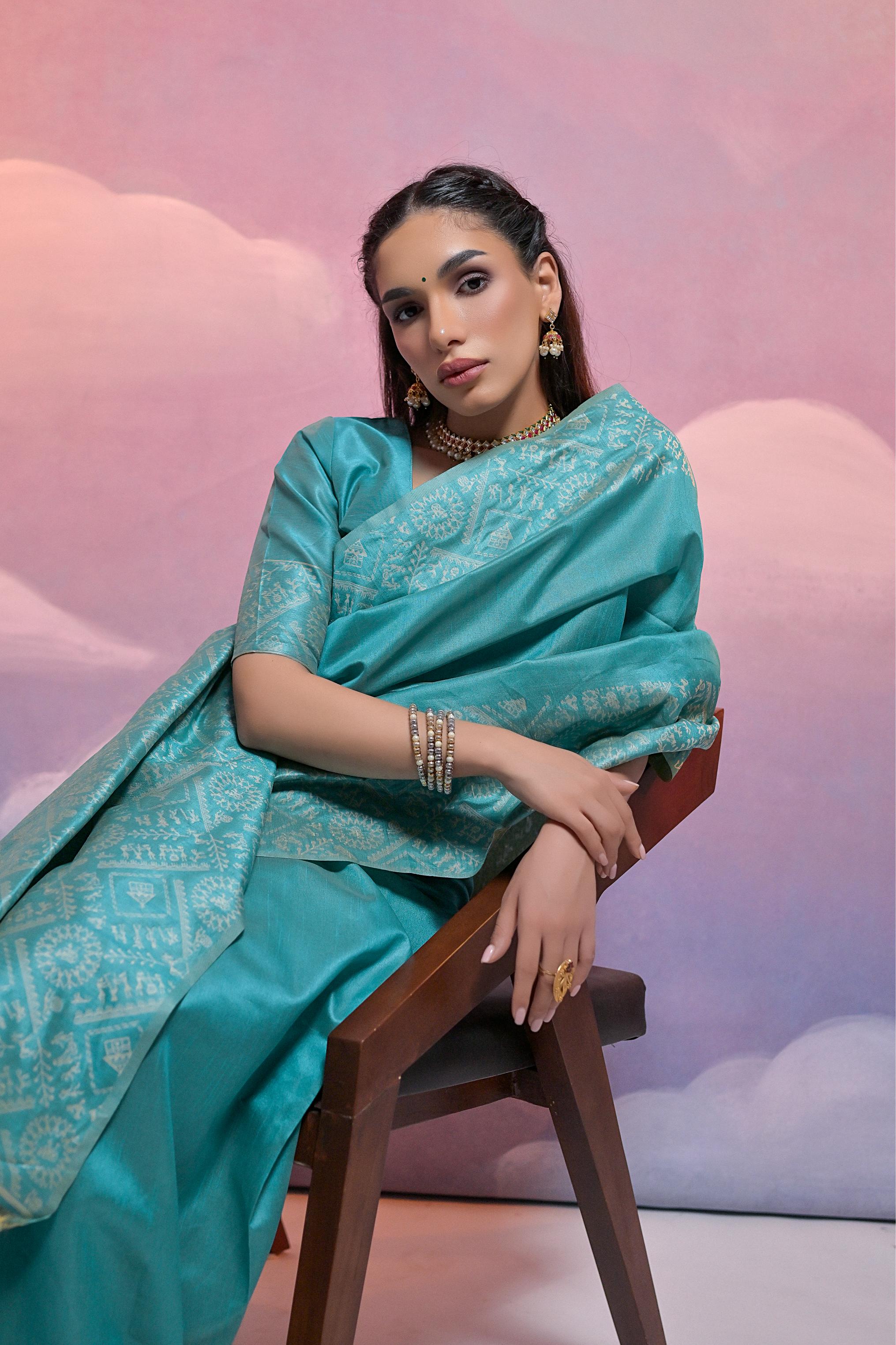 Jyoti Fashion Women's Firozi Handloom Raw Silk Weaving Designer Saree with Blouse | Grocsy