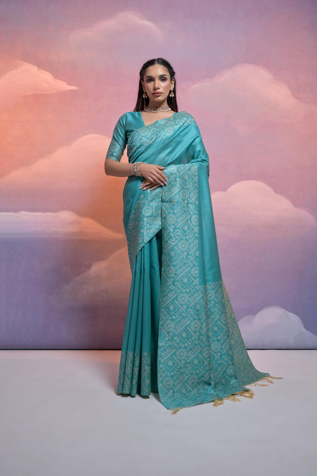 Jyoti Fashion Women's Firozi Handloom Raw Silk Weaving Designer Saree with Blouse | Grocsy
