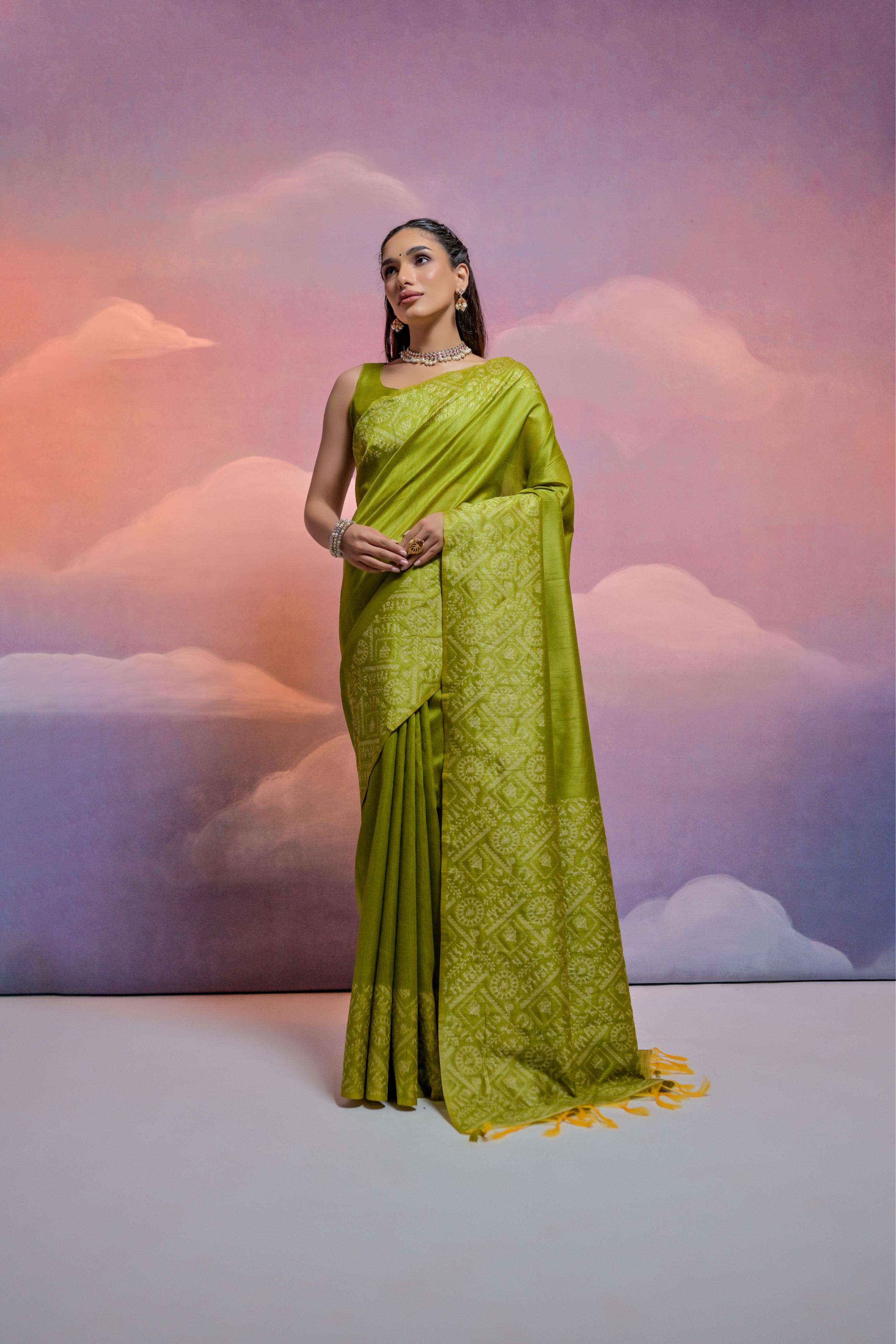 Jyoti Fashion Women's Mehendi Handloom Raw Silk Weaving Designer Saree with Blouse | Grocsy
