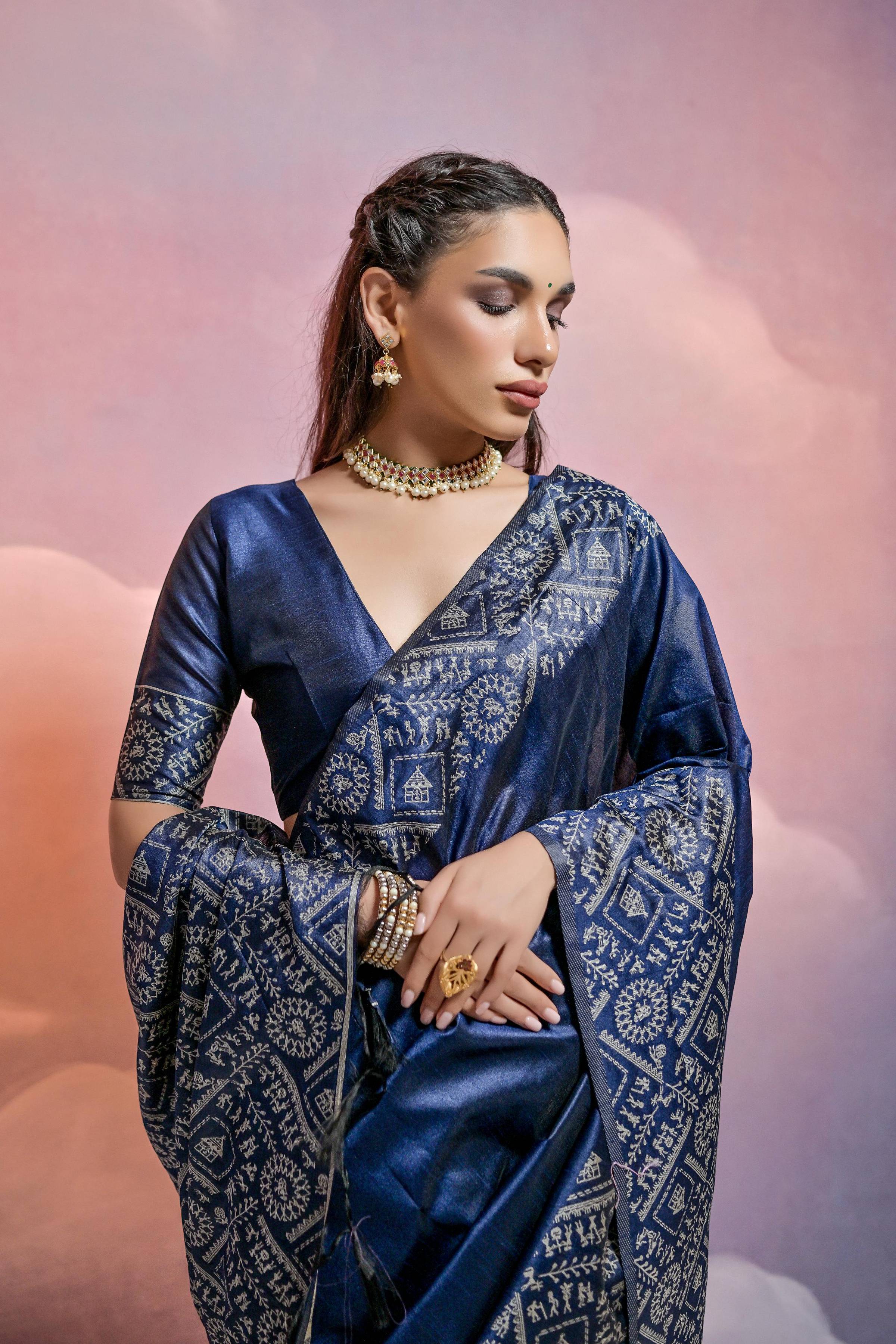 Jyoti Fashion Women's Navy Blue Handloom Raw Silk Weaving Designer Saree with Blouse | Grocsy