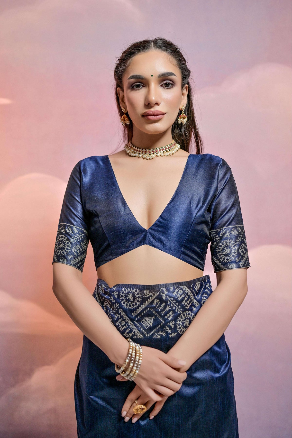 Jyoti Fashion Women's Navy Blue Handloom Raw Silk Weaving Designer Saree with Blouse | Grocsy