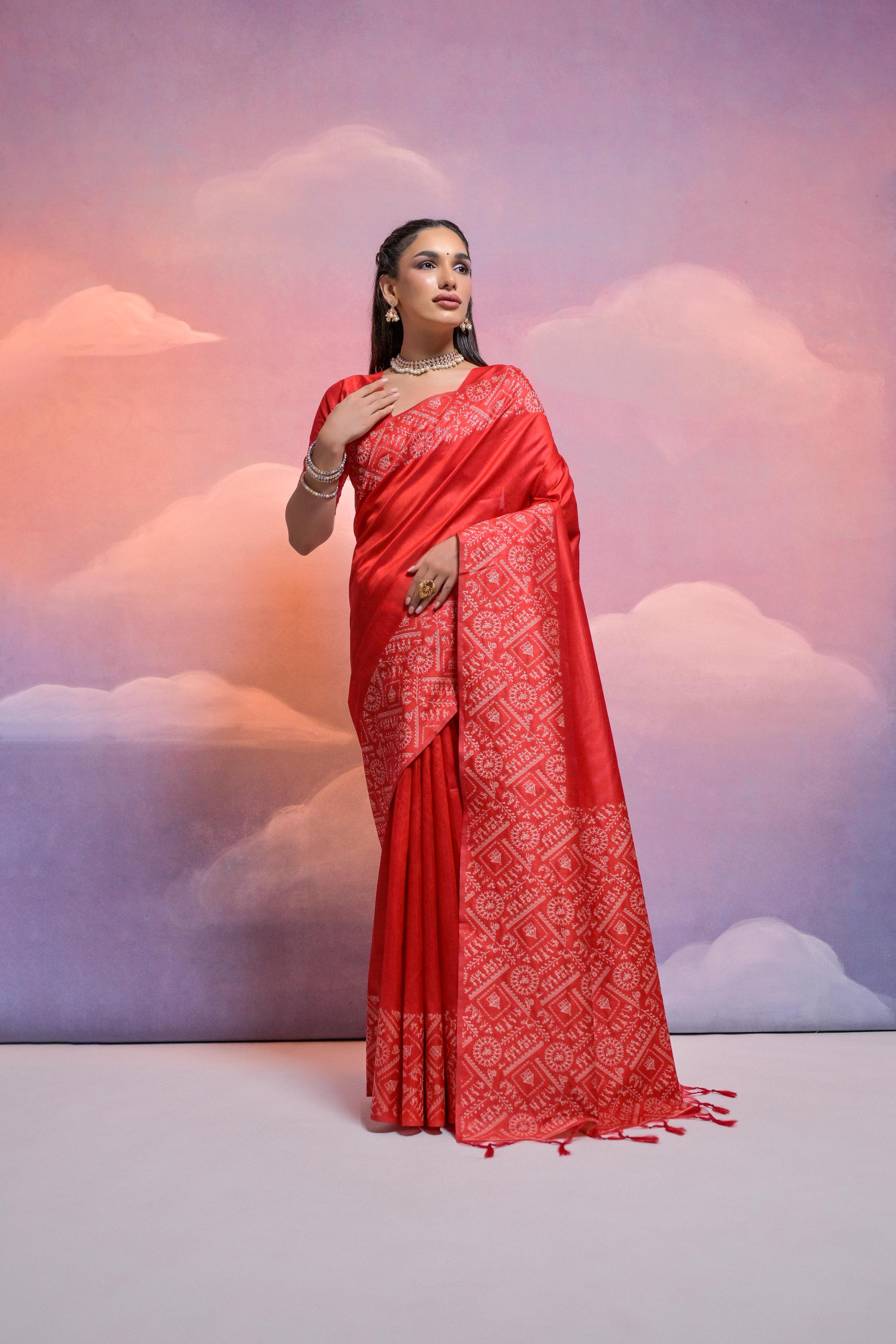 Jyoti Fashion Women's Red Handloom Raw Silk Weaving Designer Saree with Blouse | Grocsy