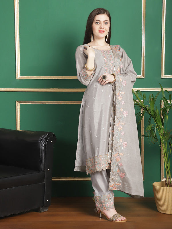 Jyoti Fashion Women's Grey Chinon Chiffon Floral Embroidery with Cording & Crystal Work Designer Straight Suit Set | Grocsy