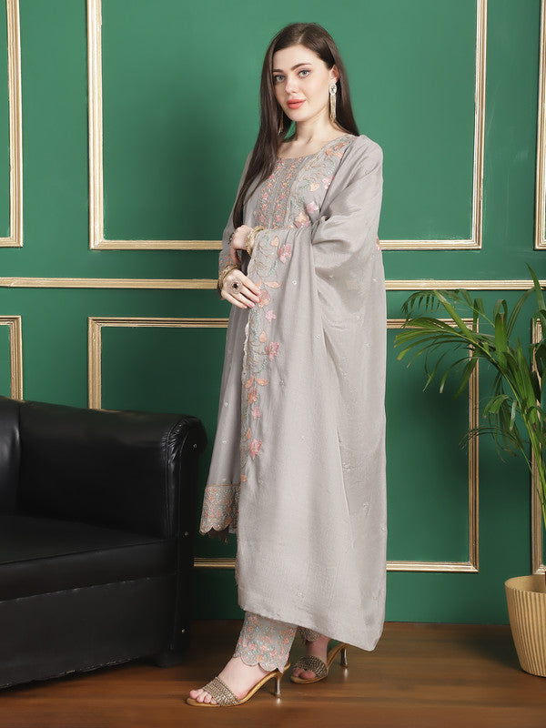 Jyoti Fashion Women's Grey Chinon Chiffon Floral Embroidery with Cording & Crystal Work Designer Straight Suit Set | Grocsy
