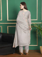 Jyoti Fashion Women's Grey Chinon Chiffon Floral Embroidery with Cording & Crystal Work Designer Straight Suit Set | Grocsy