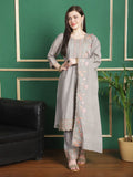 Jyoti Fashion Women's Grey Chinon Chiffon Floral Embroidery with Cording & Crystal Work Designer Straight Suit Set | Grocsy