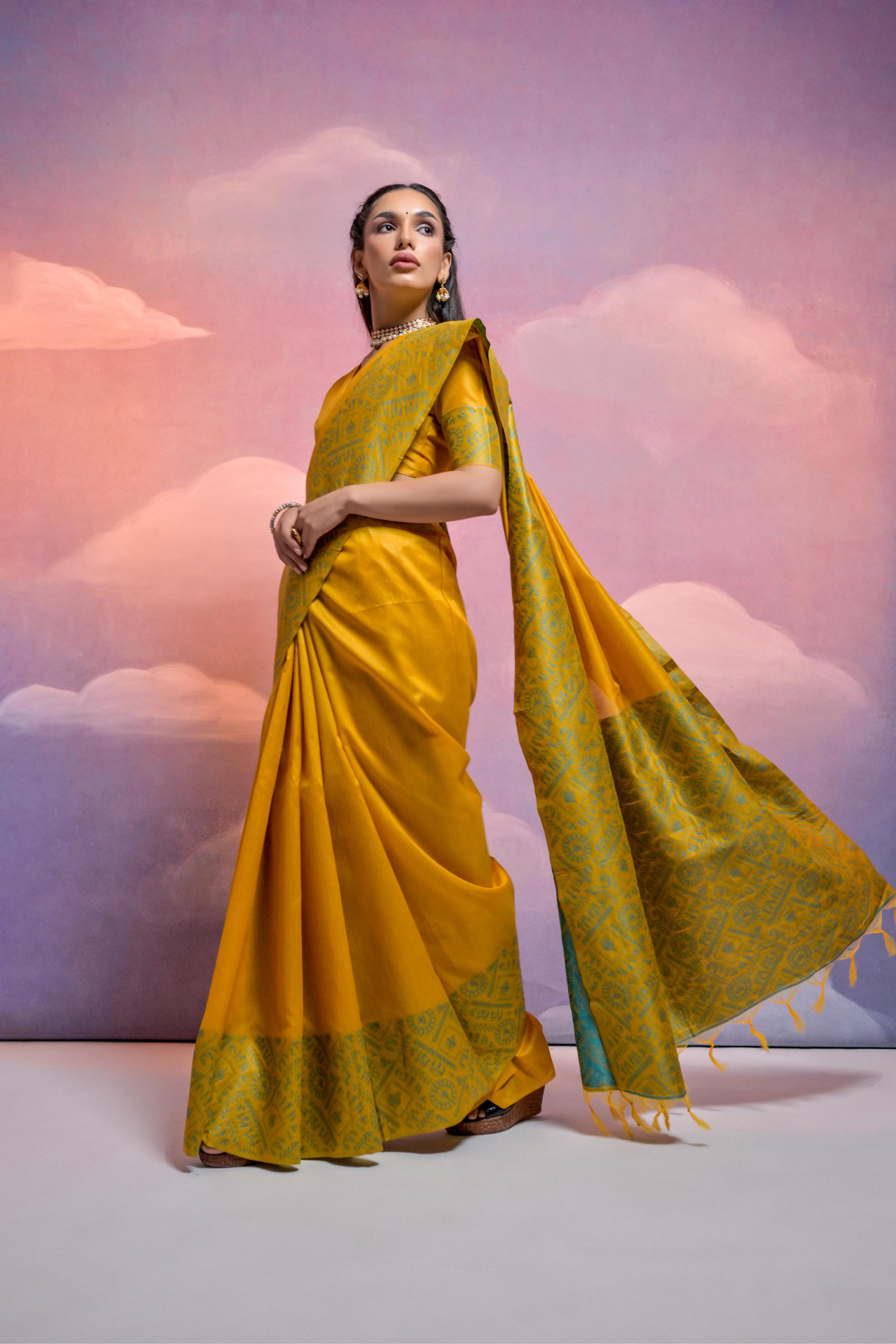 Jyoti Fashion Women's Yellow Handloom Raw Silk Weaving Designer Saree with Blouse | Grocsy
