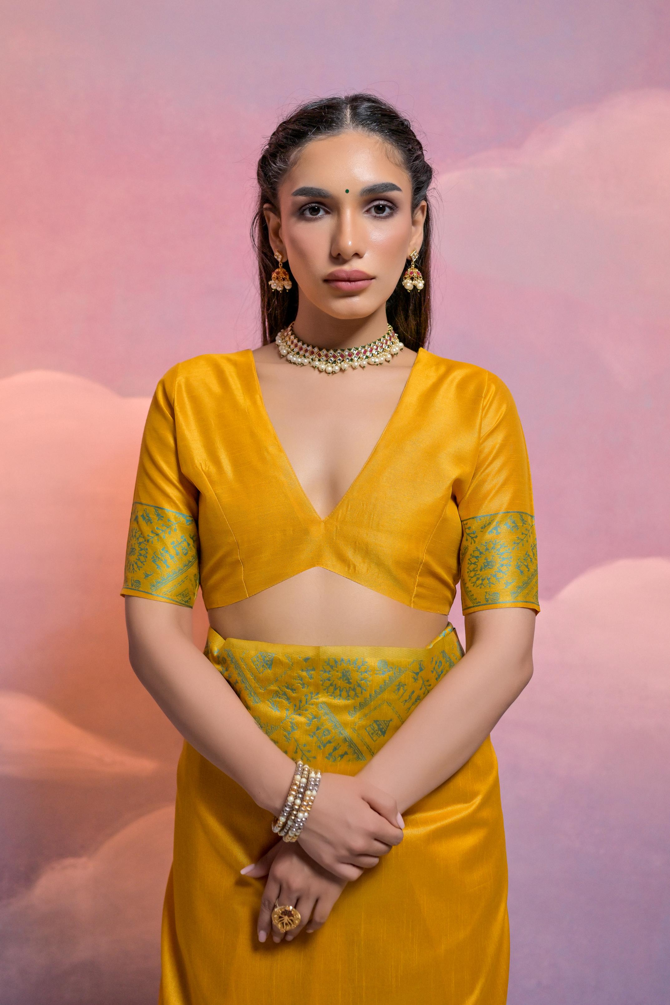 Jyoti Fashion Women's Yellow Handloom Raw Silk Weaving Designer Saree with Blouse | Grocsy