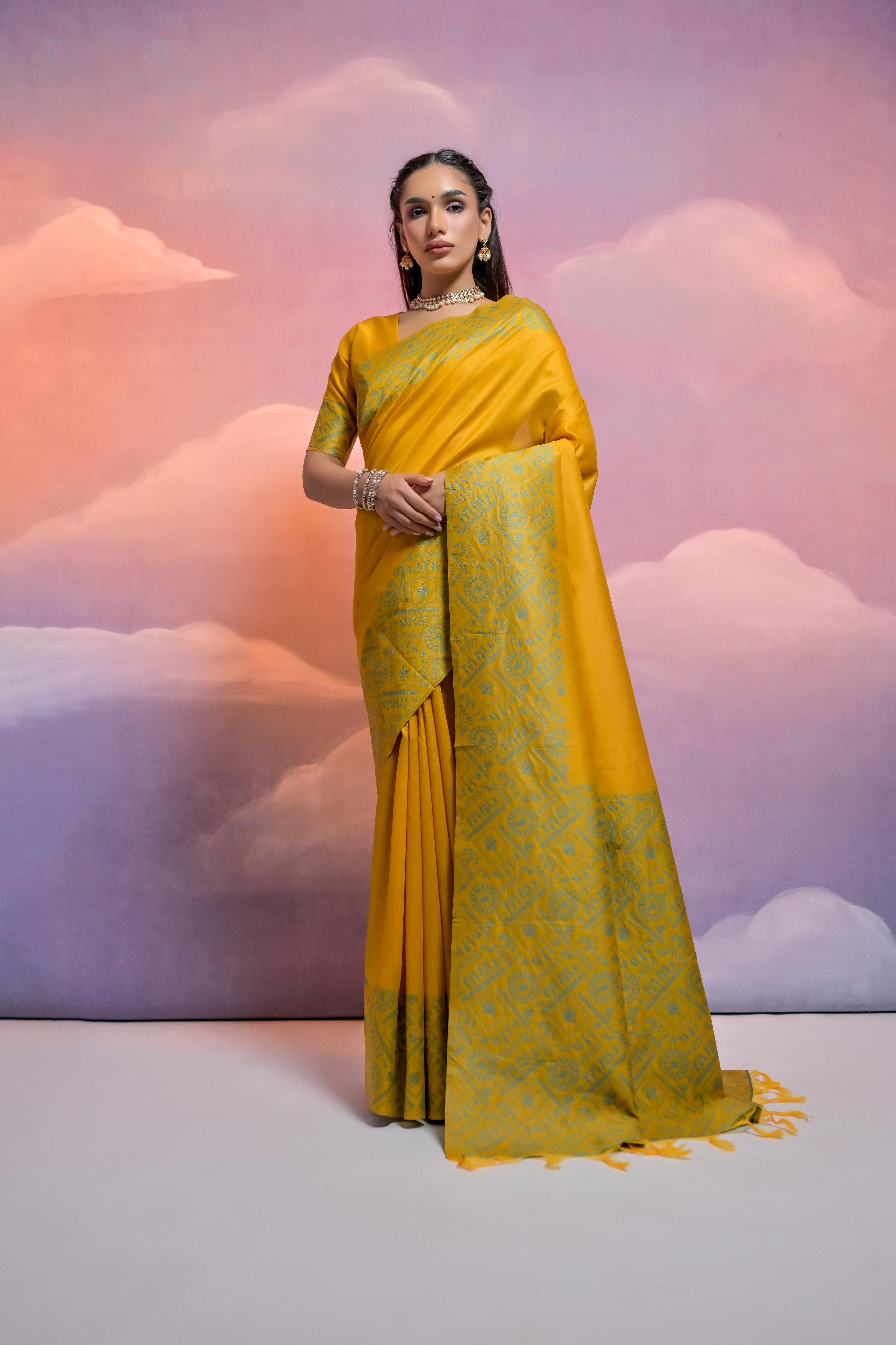 Jyoti Fashion Women's Yellow Handloom Raw Silk Weaving Designer Saree with Blouse | Grocsy