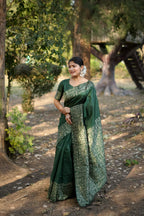 Jyoti Fashion Women's Bottle Green Handloom Raw Silk Weaving Designer Saree with Blouse | Grocsy
