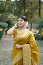Jyoti Fashion Women's Mustard Handloom Raw Silk Weaving Designer Saree with Blouse | Grocsy