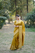 Jyoti Fashion Women's Mustard Handloom Raw Silk Weaving Designer Saree with Blouse | Grocsy