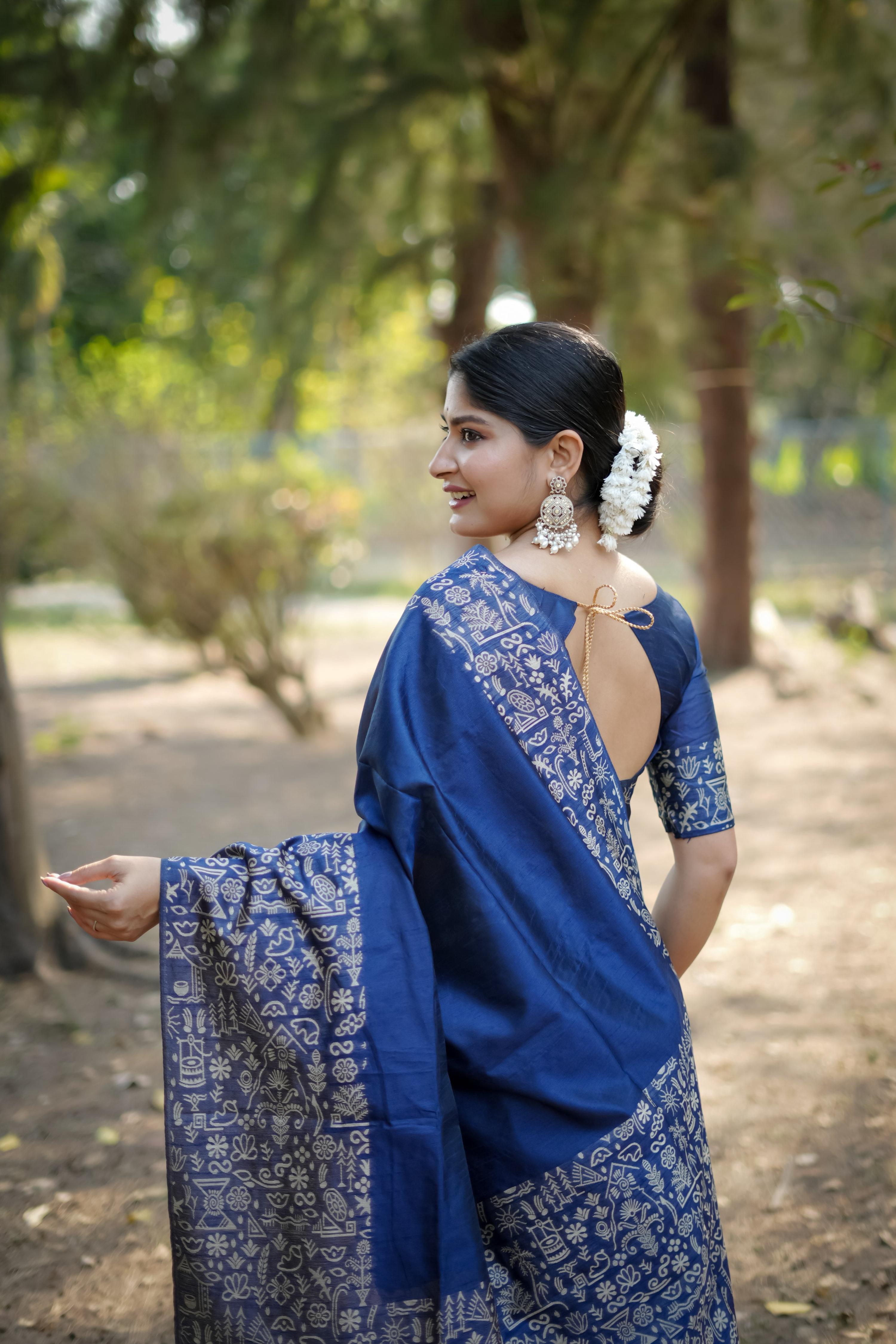 Jyoti Fashion Women's Blue Handloom Raw Silk Weaving Designer Saree with Blouse | Grocsy