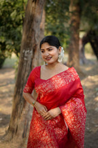 Jyoti Fashion Women's Red Handloom Raw Silk Weaving Designer Saree with Blouse | Grocsy