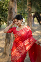 Jyoti Fashion Women's Red Handloom Raw Silk Weaving Designer Saree with Blouse | Grocsy