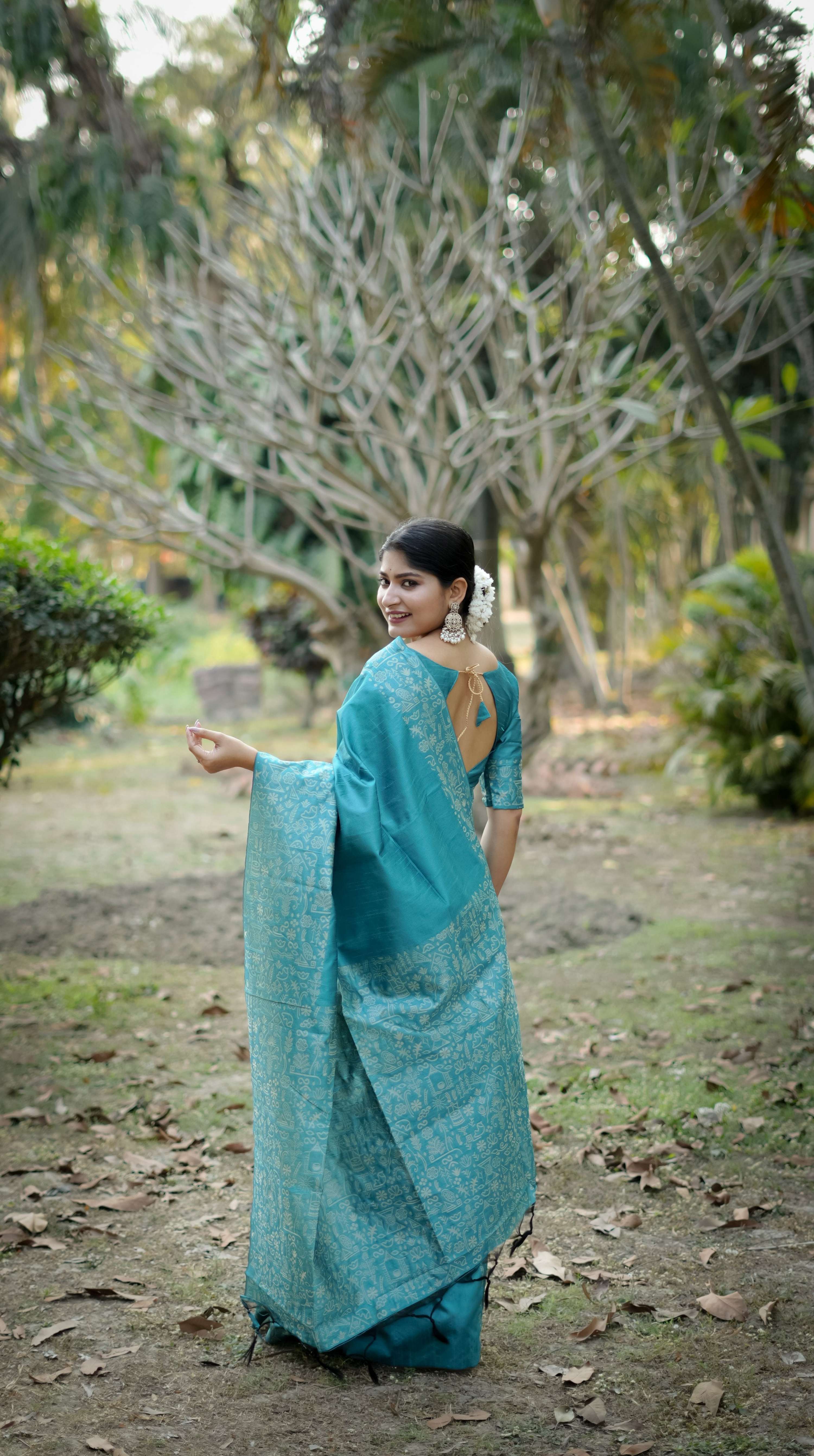 Jyoti Fashion Women's Firozi Handloom Raw Silk Weaving Designer Saree with Blouse | Grocsy