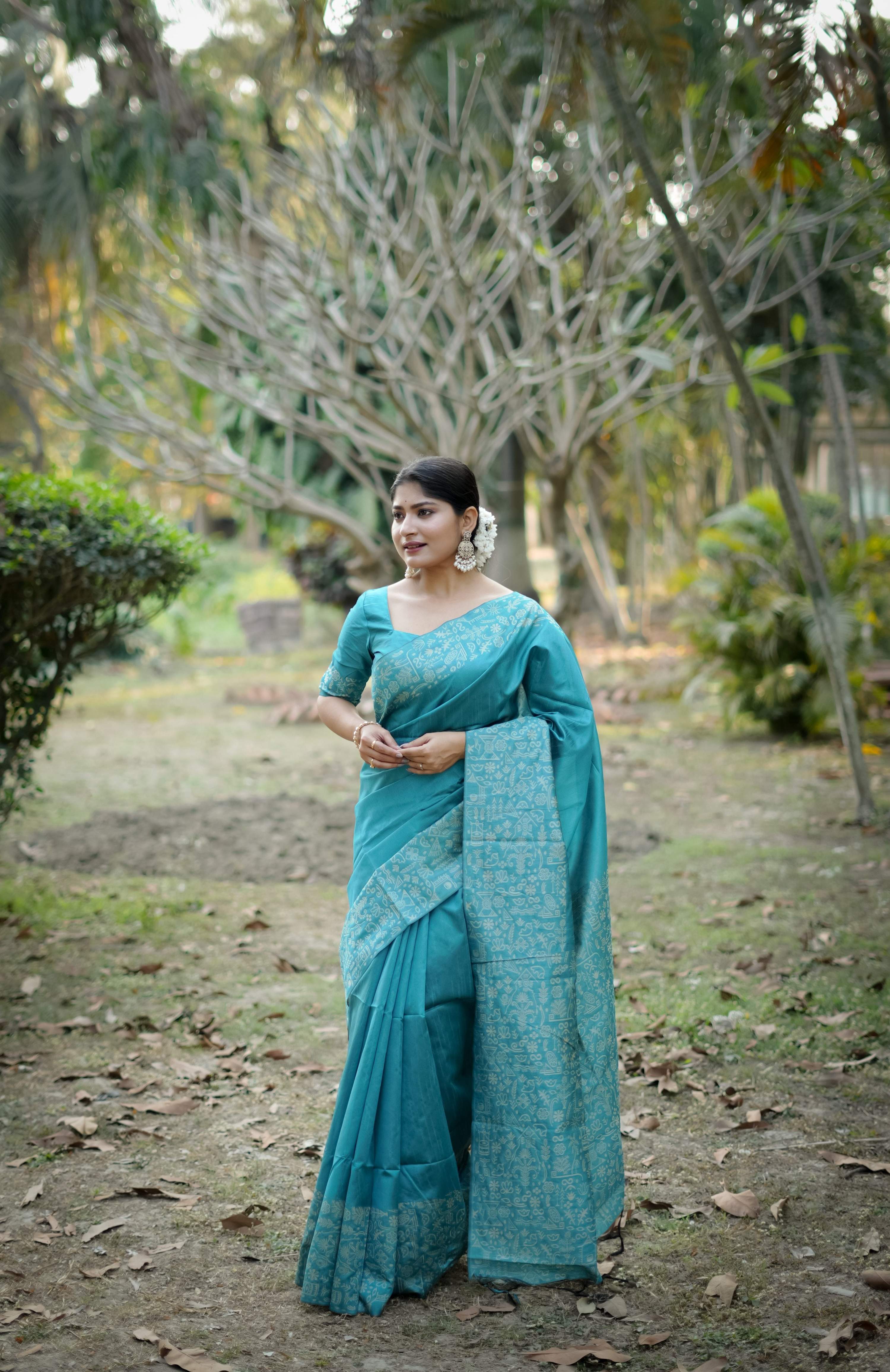 Jyoti Fashion Women's Firozi Handloom Raw Silk Weaving Designer Saree with Blouse | Grocsy